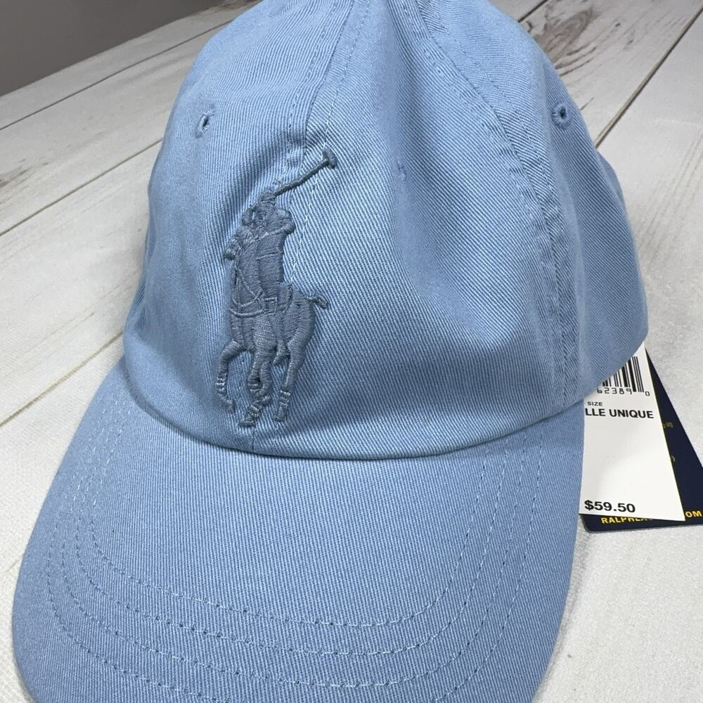 PRL Big Pony 3 Logo Hat Light Blue Leather Strap Polo Ralph Lauren
